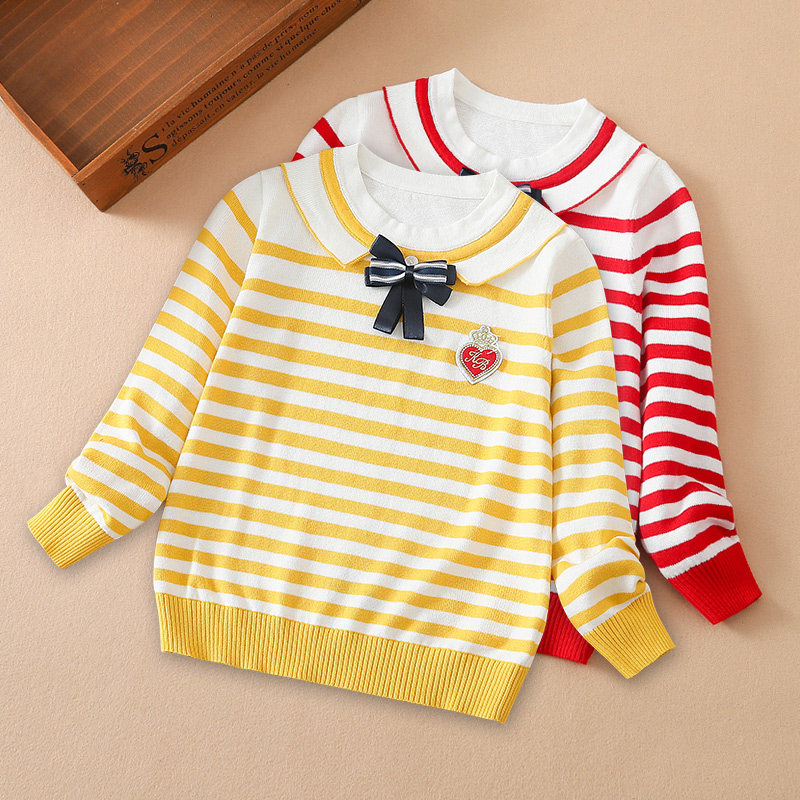 Girl's net red sweater spring autumn style 2022 new sets of headsets big child blouses striped needle woolen sweatshirt thin children
