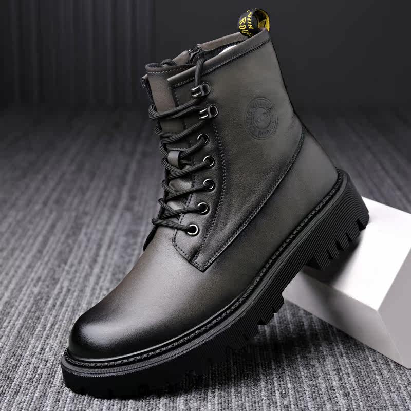 Winter plus velvet leather casual Martin boots zipper warm Roman boots young men retro short leather boots waterproof
