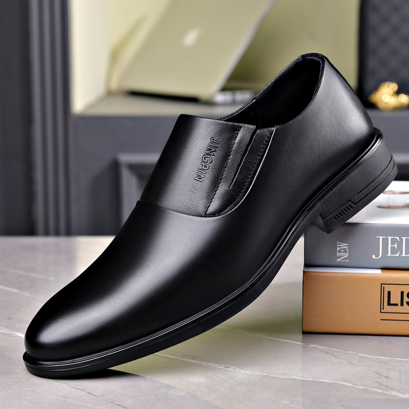 Business formal wear casual men's leather shoes pointed toe slip-on low-cut shoes non-slip work shoes genuine leather daddy shoes
