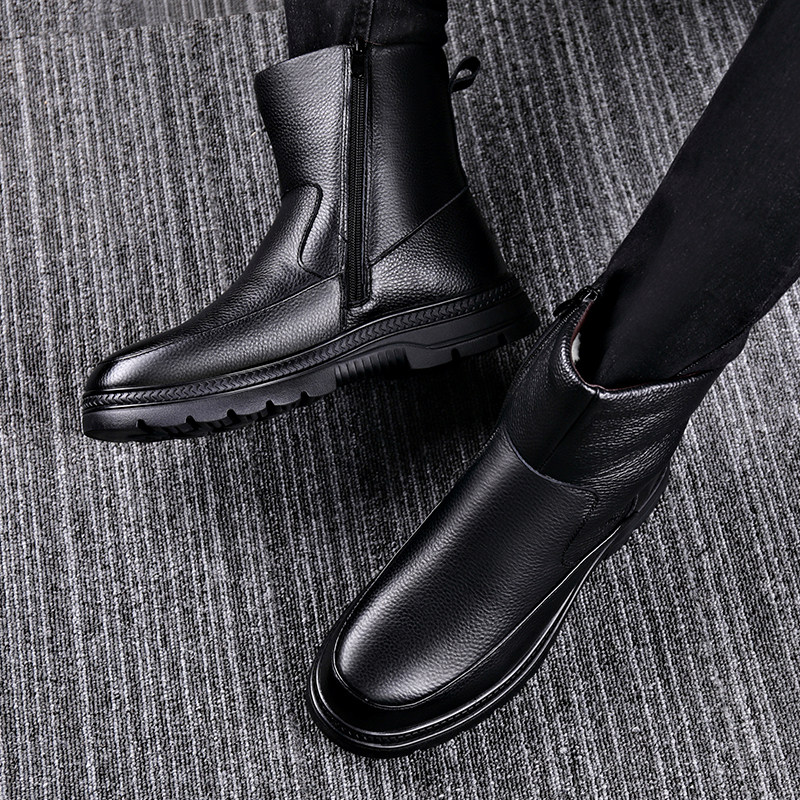 Winter wool leather casual snow boots thickened cowhide high-top cotton shoes men's waterproof short-tube leather boots black