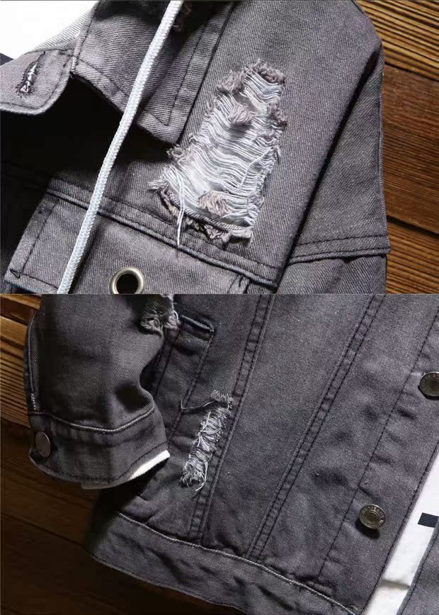 Áo khoác denim mùa thu 2018 nam sinh viên Nhật Bản retro lỗ xúc xắc giả hai mảnh áo len khảm áo khoác jean