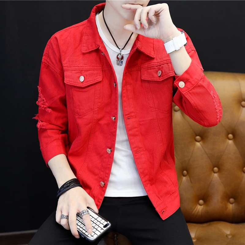 Teen Hàn Quốc phiên bản của quần áo lỗ mùa thu mỏng la đẹp trai áo khoác nam thời trang denim jacket nam giới.