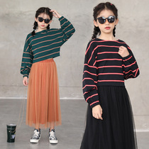 Trendy Bala Girl Striped Round Collar T-shirt Suit Autumn CUHK Child Loose Bat Shirt Short Sweatshirt Two-piece Set