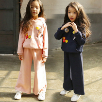 Trendy Barra girl loose Even cap clothing suit autumn and winter style CUHK child plus suede broadlegged pants Two sets of children clothing