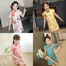 Tide Bala Girl China National Wind Print Qipao Summer Thin middle and small children pure cotton tangy dress with dress