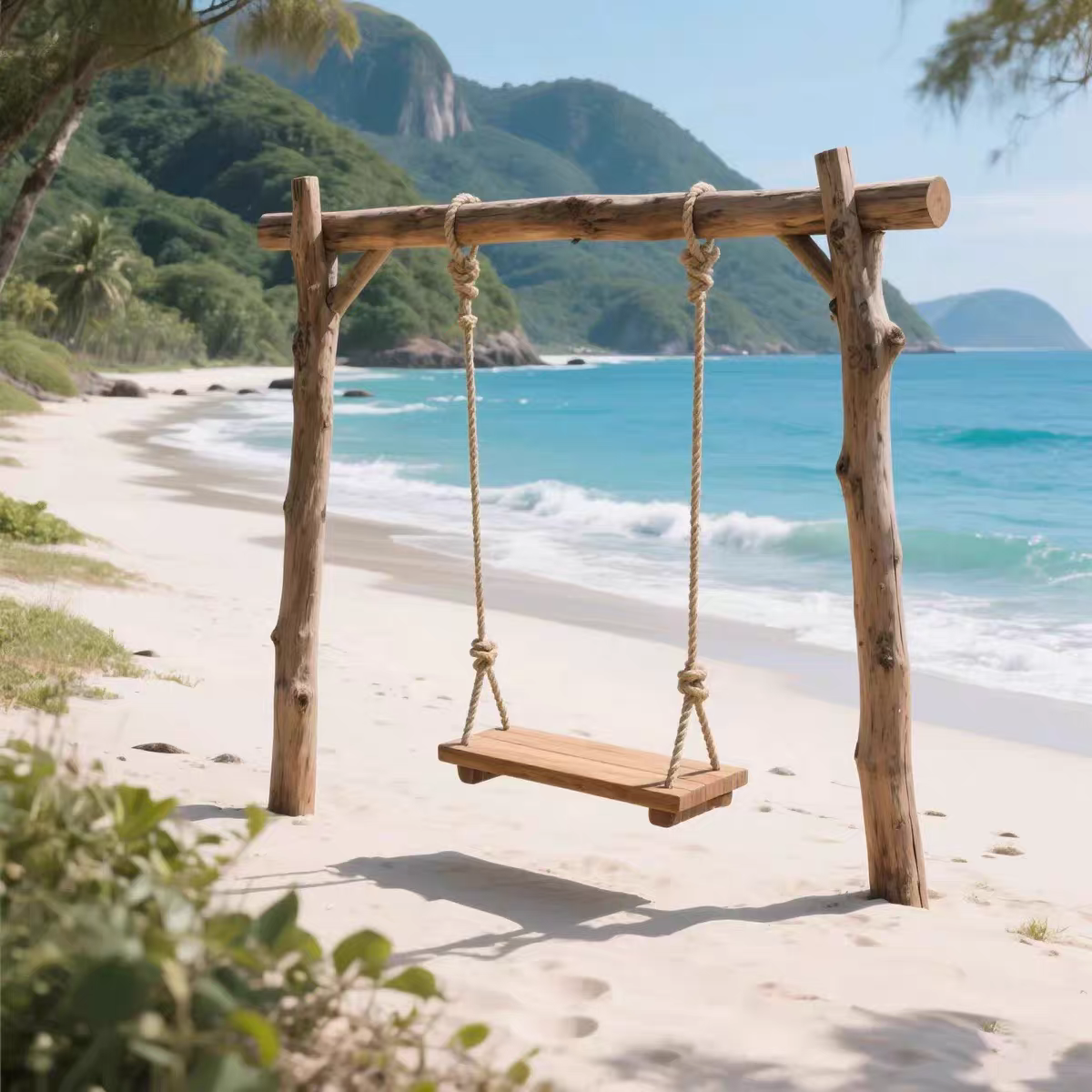 海边实木大型秋千：连接亲子互动与网红打卡的乐园