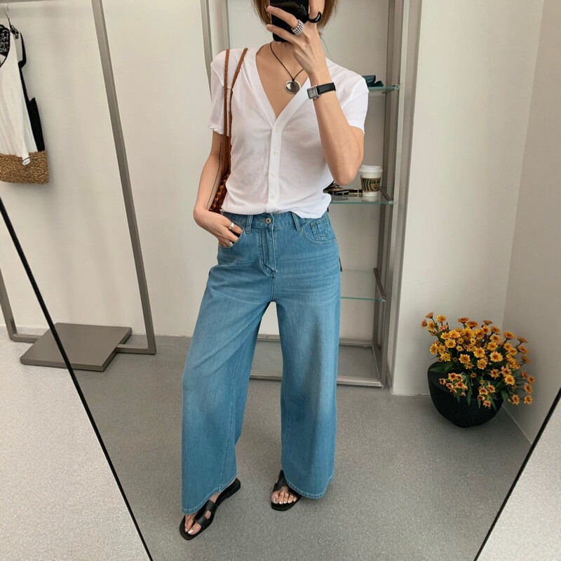 Gl7660 Full Gold Wide-Leg Cropped Stretch Jeans for Women, Summer High-Waisted Loose Slimming Versatile Straight-Leg Pants