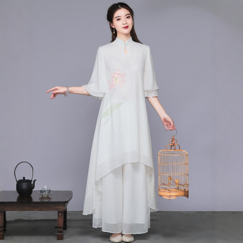 New Chinese-Style Spring and Autumn Buddhist Layperson Clothing Two-Piece Set, Chinese-Style Zen-Inspired Women's Tea Clothing, Improved Zen Dance Clothing Set New Chinese-Style Spring and Autumn Buddhist Layperson Clothing Two-Piece Set, Chinese-Style Zen-Inspired Women's Tea Clothing, Improved Zen Dance Clothing Set