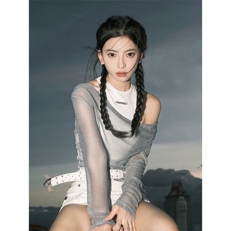 Millennial Hot Girl Niche Design Long-Sleeved Two-Piece Set Subculture Y2K Vest Pullover T-Shirt Sun Protection Cover-Up Hot Girl Style