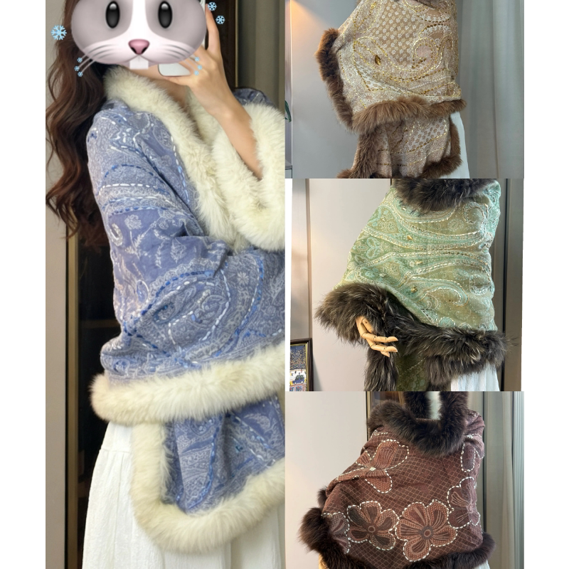 Four-Sided Fox Fur Autumn and Winter Shawl, Nepalese Boiled Wool, Three-Dimensional Embroidery, Popular Shawl