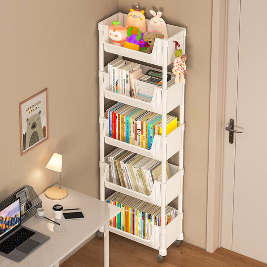 Children's bookshelf floor-standing storage rack mobile pulley integrated wall-mounted student home bag storage simple small bookcase