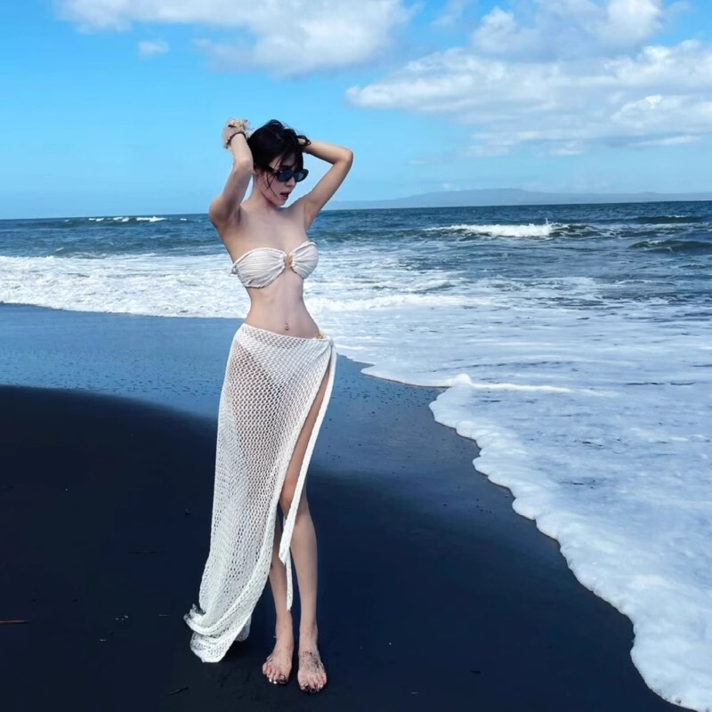Victoria Split Bikini Three-Piece Small Bust Push-Up Sexy Fishnet Beach Long Dress Swimsuit for Women