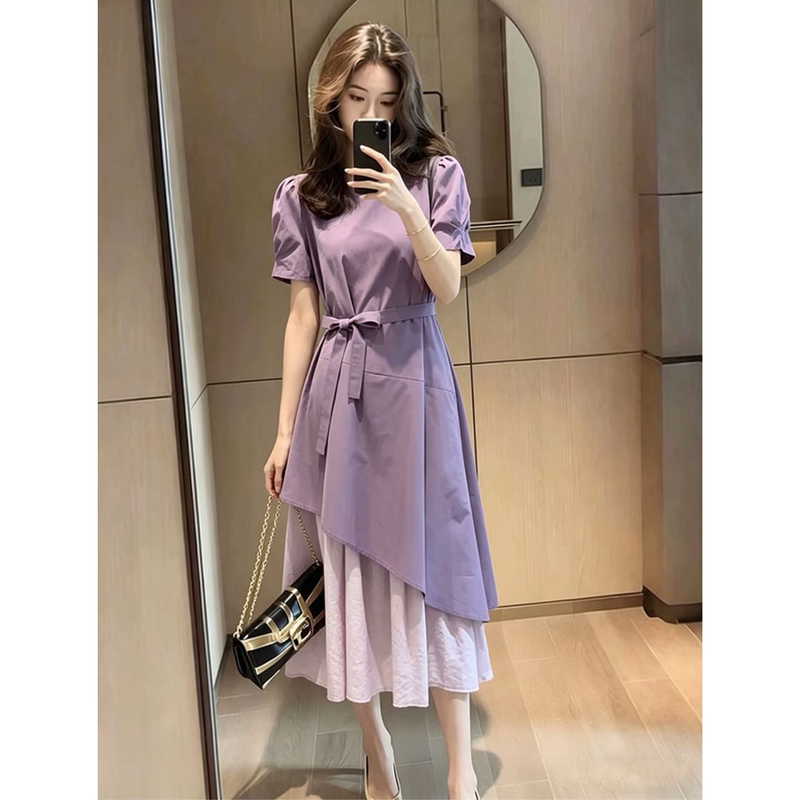 French-Style Irregular Niche Purple Dress for Women, 2026 Summer New Fashion Design, Super Pretty Waist-Cinching Long Dress