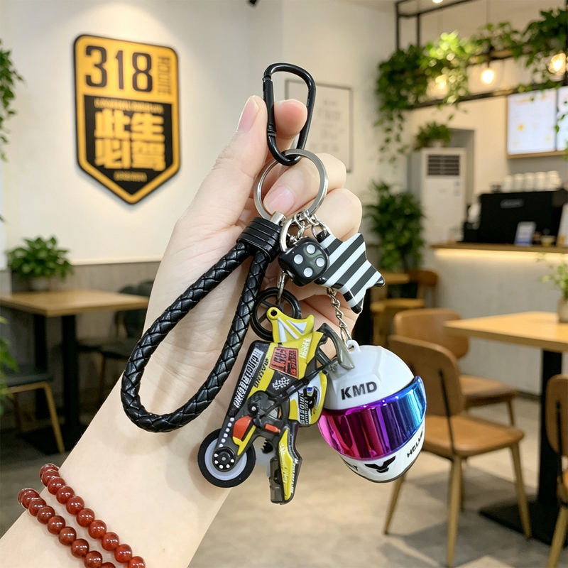 Creative Motorcycle Helmet Keychain with Light-Up Feature, 3D Pendant, Woven Rope Bag Charm, Personalized Gift