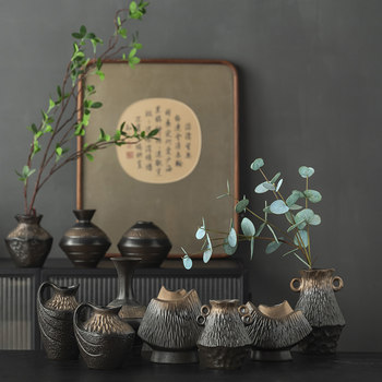 Handmade Wabi-Sabi Style Ceramic Home Vase Decoration, Old-Style Zen Flower Arrangement Pottery Jar, Dried Flowers, New Chinese Style