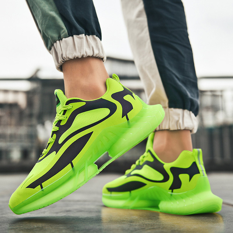 Sneakers men's fluorescent running shoes luminous shoes popcorn boost mesh breathable black and white yellow green ultra-light running shoes