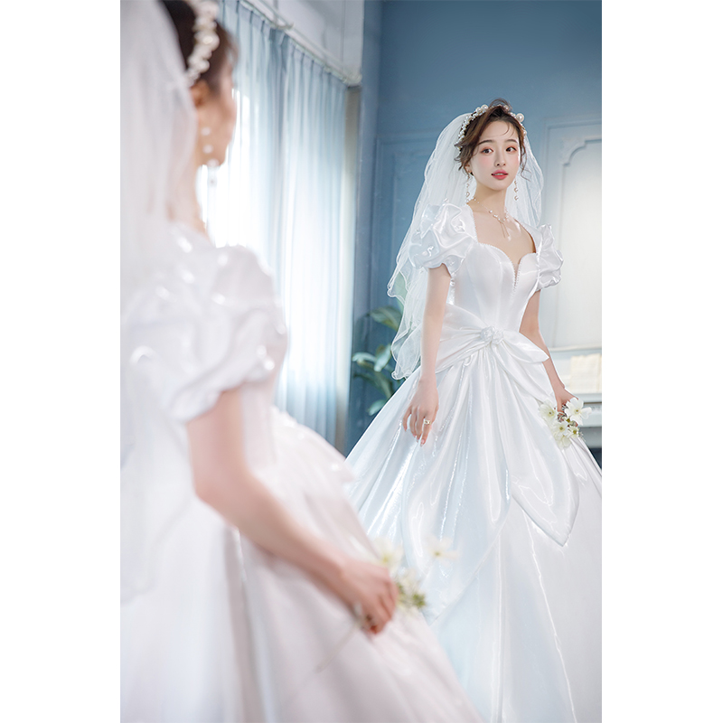 One -character satin noodle main wedding dress 2024 new bride main yarn retro tail high -end texture out of the door light yarn summer One -character satin noodle main wedding dress 2024 new bride main yarn retro tail high -end texture out of the door light yarn summer