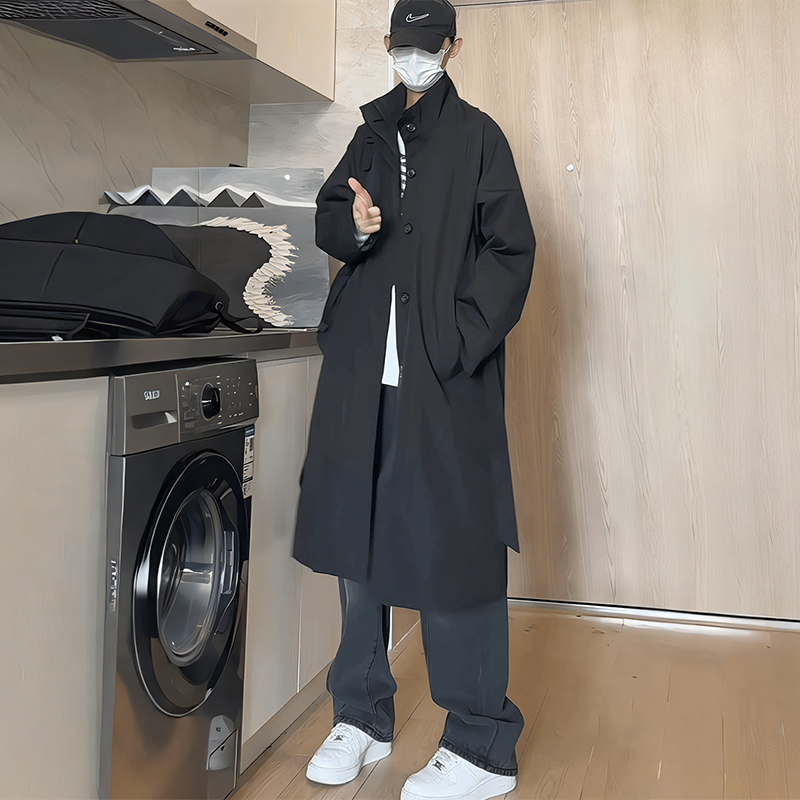Korean Style Retro Spring and Autumn Trench Coat for Men, British Style, Cool and Handsome, Mid-Length Over-The-Knee Coat, High-End Versatile Stand-Up Collar Coat