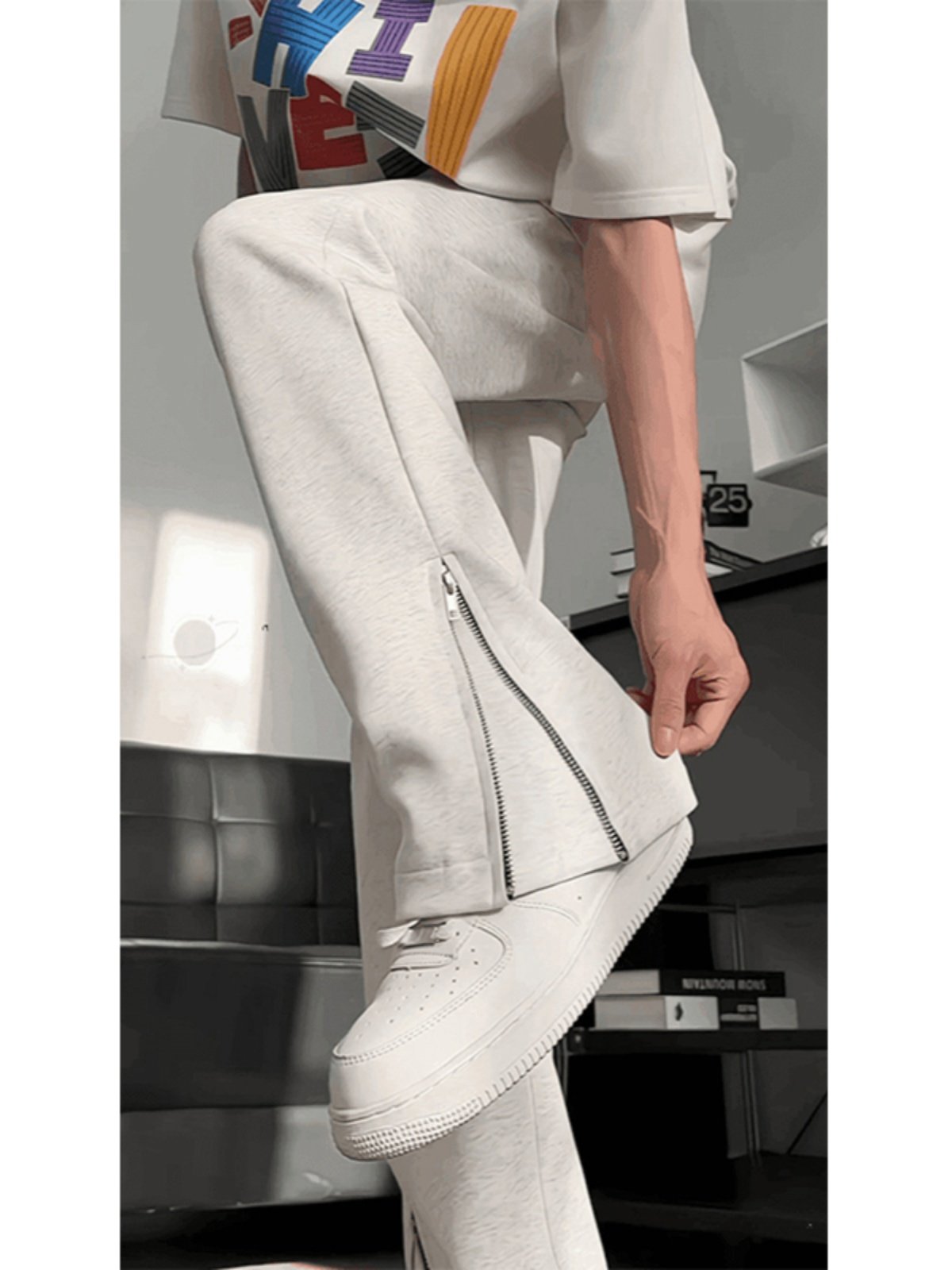 White Floral Gray Flared Wide-Leg Pants for Men, Autumn Zipper Hem Niche Sweatpants, American High Street Versatile Floor-Length Pants