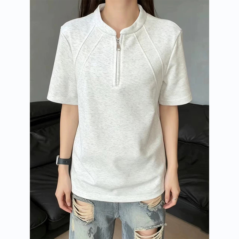 White and Gray Half-Zip Short-Sleeve Men's Polo Shirt, Summer Deconstructed Patchwork Regular Shoulder T-Shirt, Short Wide Boxy Half-Sleeve