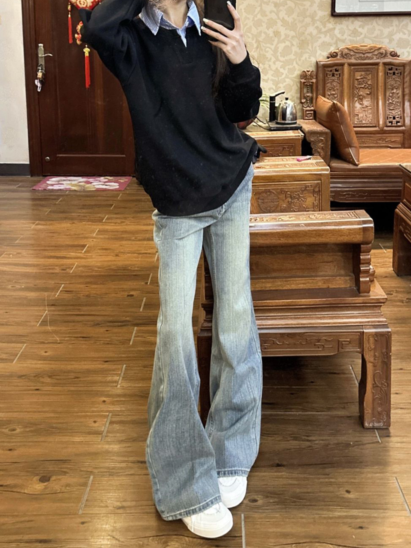 Light Blue American-Style Flared Jeans for Men and Women, Autumn and Winter Fleece-Lined Slim-Fit Pants, High-Waisted Narrow Straight-Leg Pants