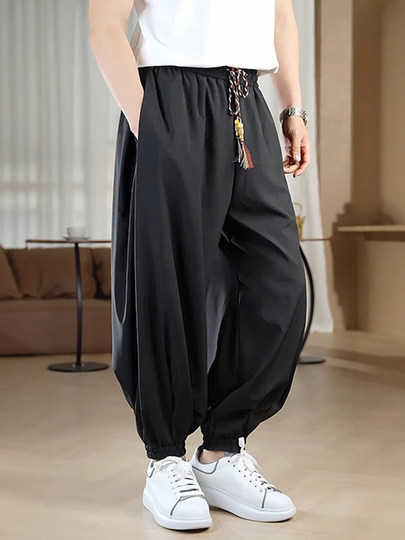 Neue Herrenbekleidung im chinesischen Stil, Eisseidenhosen, drapierte, schnell trocknende Haremshosen, lockere, große Sporthosen im chinesischen Stil mit weitem Bein