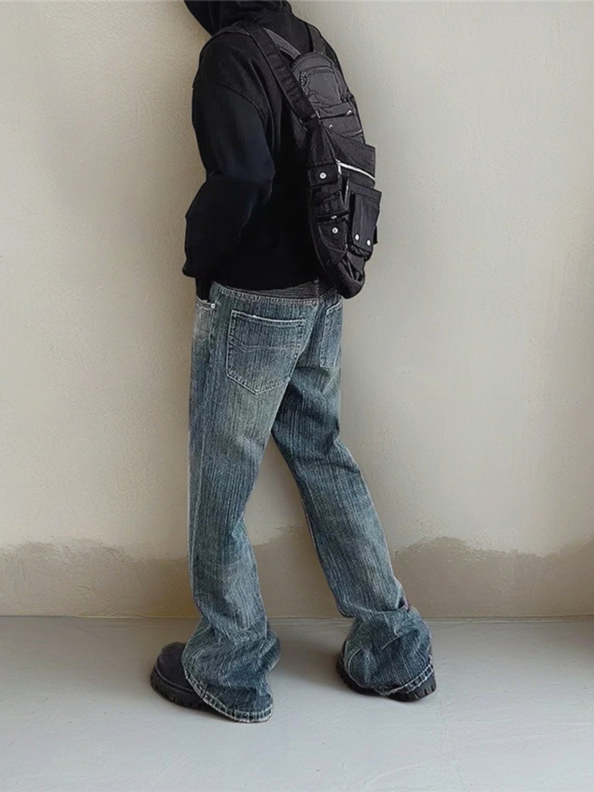 American High Street Style Washed Vintage Slub Denim Jeans for Men, Trendy Brand New Cleanfit Straight-Leg Flared Pants