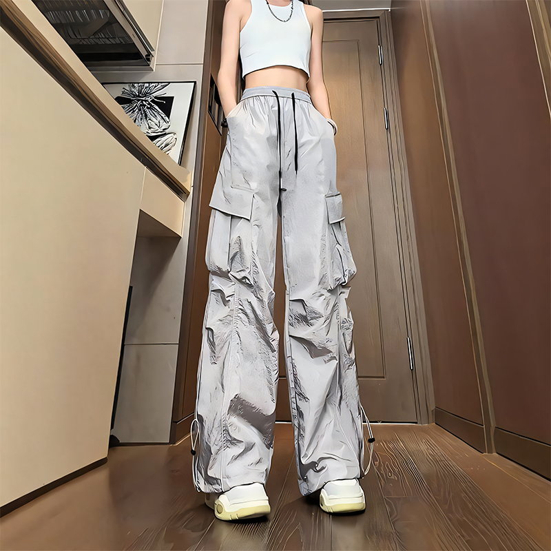 Silver Large-Pocket Cargo Pants for Women, Summer Thin Ice Silk Cool Quick-Dry Pants, American Vibe High-End Paratrooper Pants