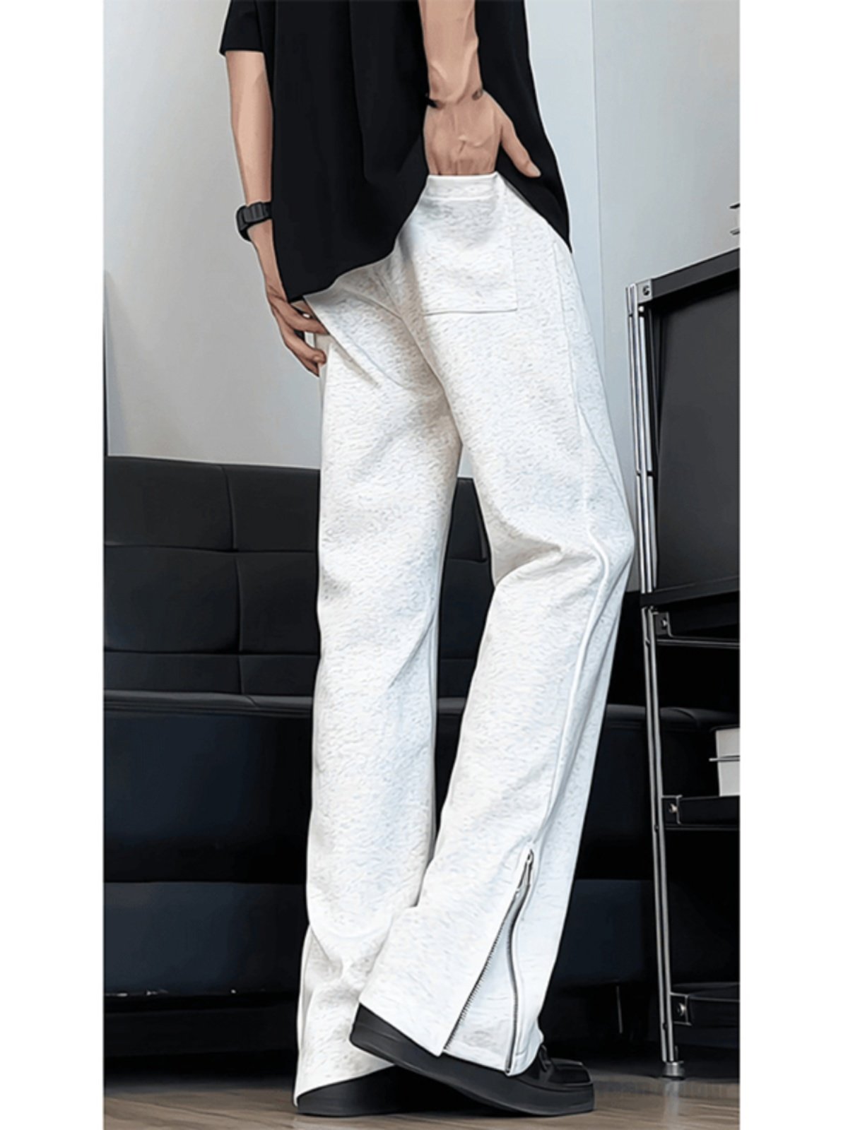 White Floral Gray Flared Wide-Leg Pants for Men, Autumn Zipper Hem Niche Sweatpants, American High Street Versatile Floor-Length Pants