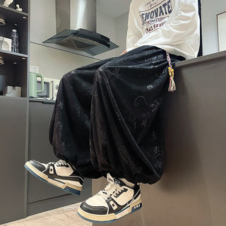 中国风龙纹裤子男款秋冬高级感新中式男装大码宽松阔腿束脚灯笼裤