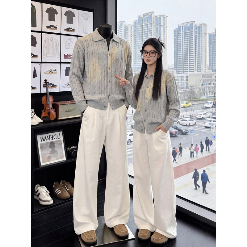 Light Gray Cable-Knit Cardigan Sweater for Men and Women, Autumn Old Money Style, Intellectual Outfit, Relaxed and Lazy Vibe, Knitted Jacket