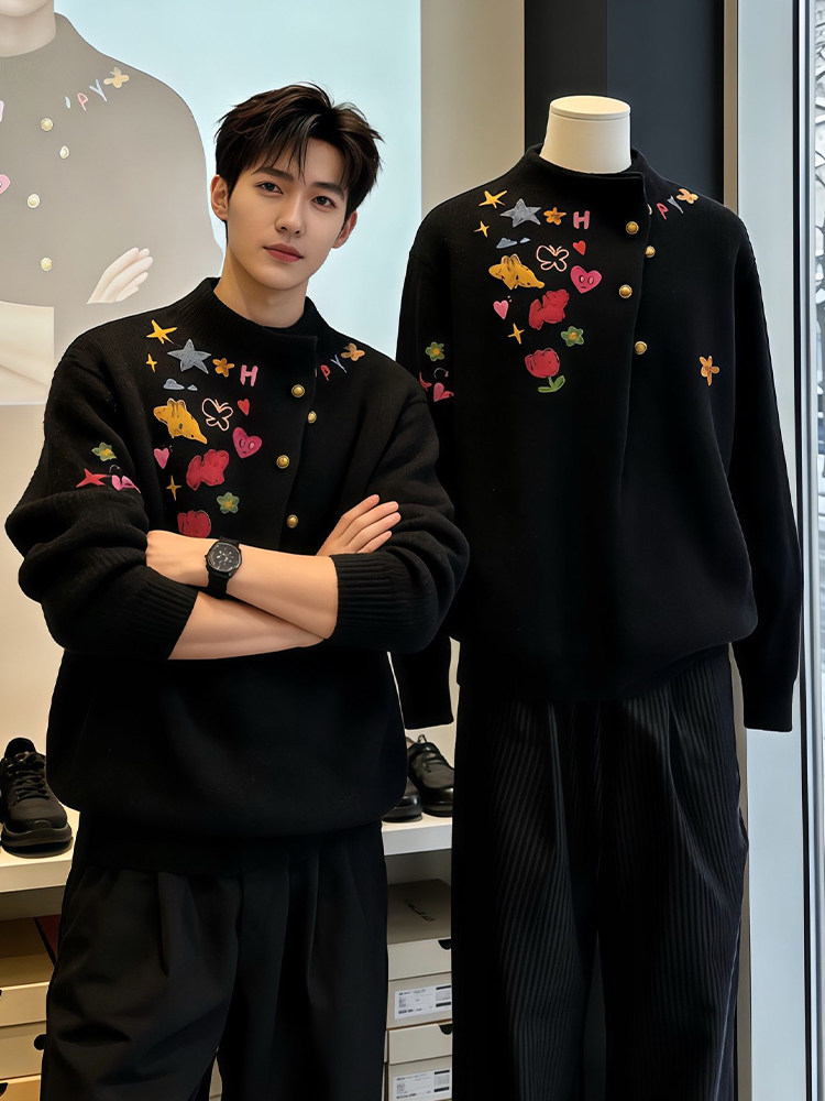 Black Cartoon Graffiti Half-Turtleneck Sweater for Men and Women, Winter Lazy Style High-End Knit Top for Layering