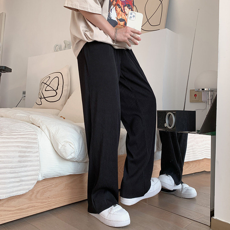 Pleated Striped Ice Silk Straight-Leg Pants for Men, Hip-Hop Drapey Plus-Size Summer Thin Wide-Leg Sports Trousers