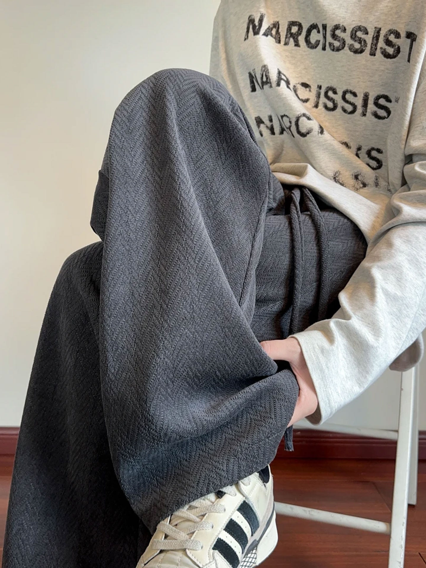 Wheat-Pattern Curved Knife Sweatpants for Men, New Autumn and Winter Trendy Straight-Leg Long Pants, Versatile Loose Drape Wide-Leg Pants