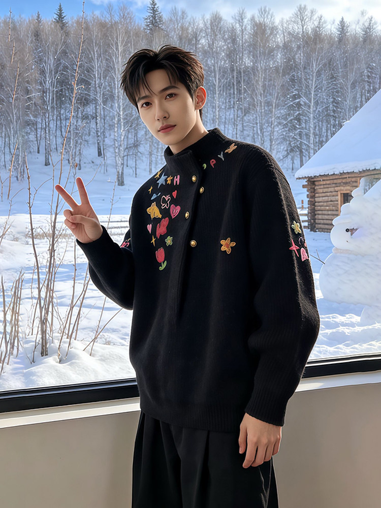 Black Cartoon Graffiti Half-Turtleneck Sweater for Men and Women, Winter Lazy Style High-End Knit Top for Layering