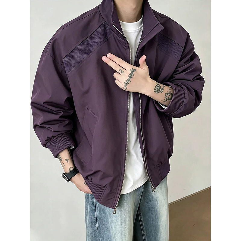 Purple Coach Jacket for Men, Autumn American High Street Style, Stand Collar Baseball Jacket, High-End Cleanfit Short Coat