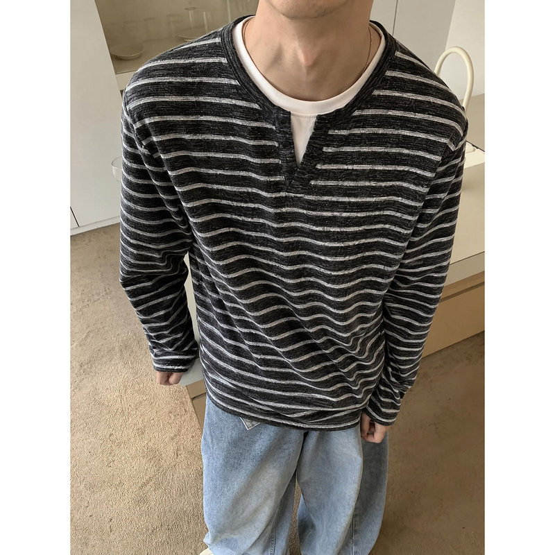 Old Money Style Fake Two-Piece Striped Long-Sleeve T-Shirt for Men and Women, Autumn Casual Relaxed Vibe Top, V-Neck Regular Shoulder Sweatshirt