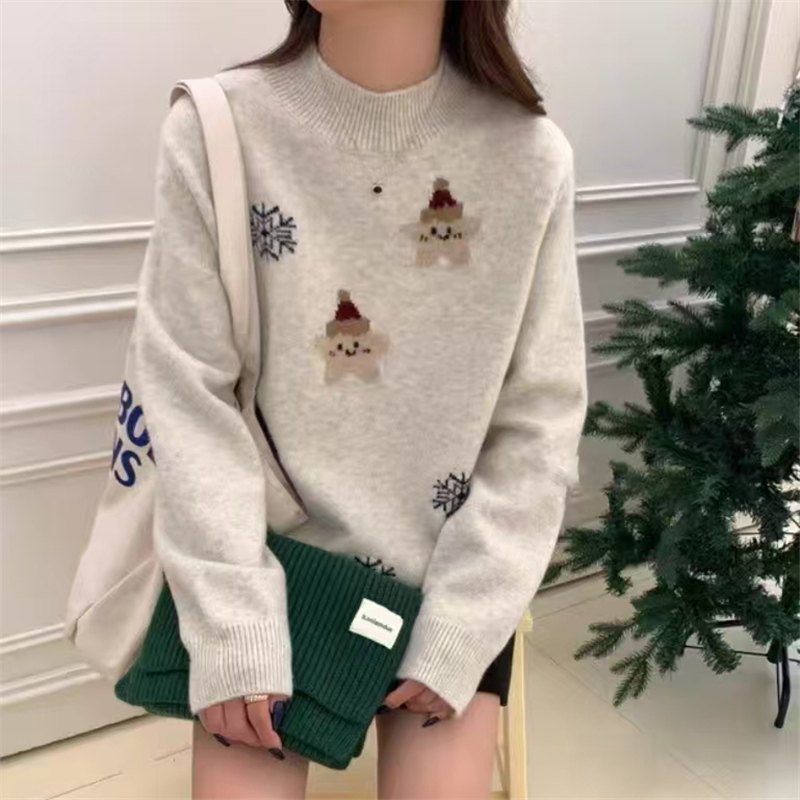 Junior High School Students' Half-High Collar Christmas Snowflake Pullover Sweater, Female High School Students' Knitted Top, Older Children's Inner Layer Base Shirt