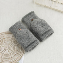 Gloves female winter ins cute half-finger flip wool knitted plus velvet thickened warm and cold-proof cycling writing Korean version