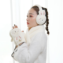 Hat Scarf Gloves Three Piece Set Womens Winter Cute Korean Style Cartoon Ear Cover Student Fleece Thick Warm Winter