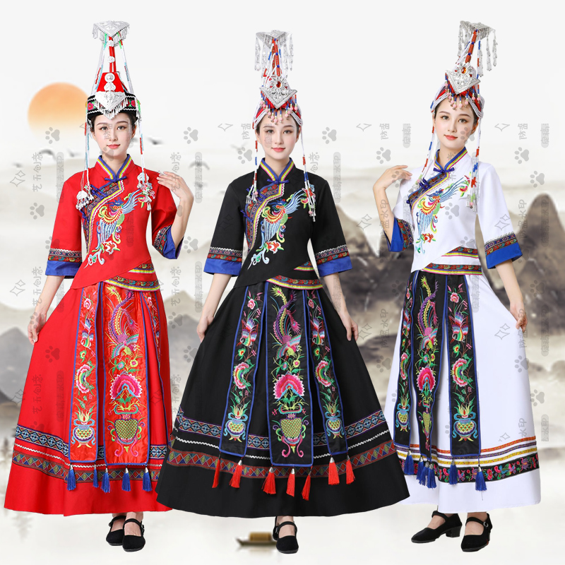 少数民族彼女民族衣装女性パフォーマンス衣装フェニックス刺繍フェニックスクラウンヘッドドレスダンスパフォーマンス衣類秋と冬ロング