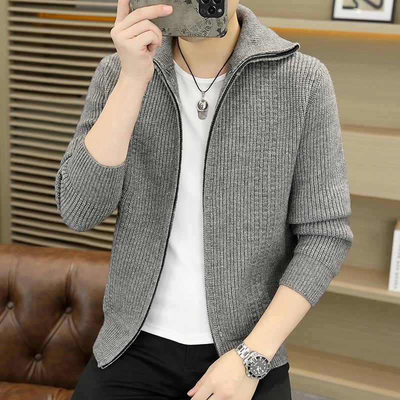 2026 Spring and Autumn New Men's Sweater Cardigan Trendy Simple High Collar Zipper Knitwear Gray Casual Jacket