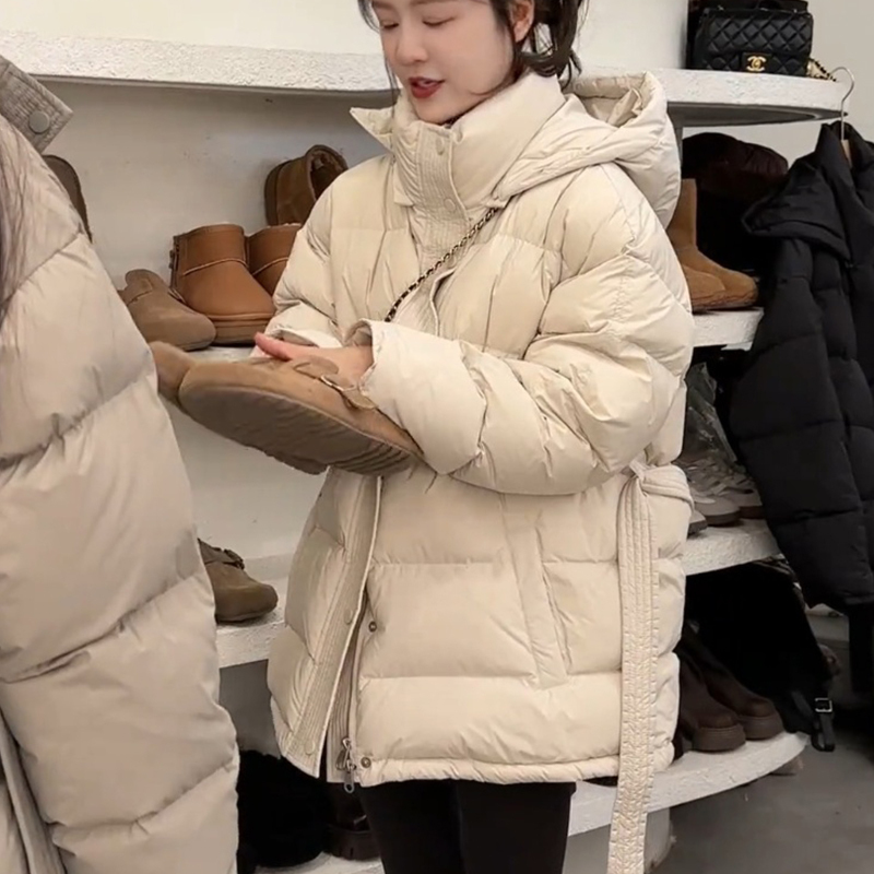 Waist-Tie White Duck down Jacket for Women 2026 New Winter High-End Fashion Petite Puffer Coat