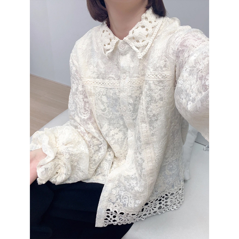 2026 Spring and Autumn New French Style Lapel Heavy Lace Hem Crochet Shirt for Women, Loose and Stylish Long Sleeve Top