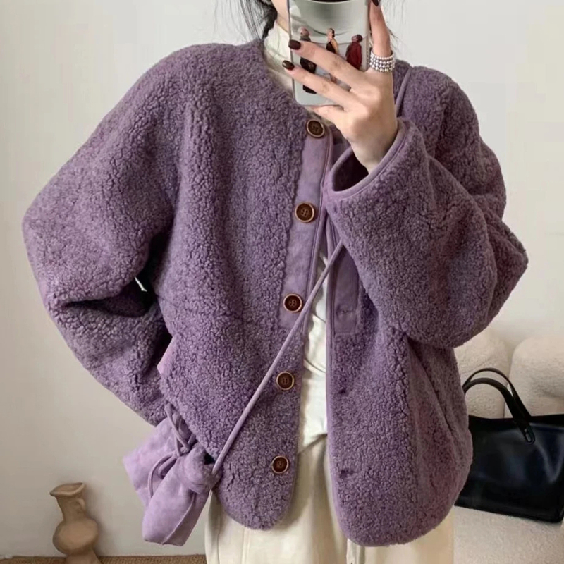 Autumn and Winter Korean Style Versatile Chanel-Inspired Lamb Wool Coat for Women, Fur Integrated Color-Blocking Loose Fur Top