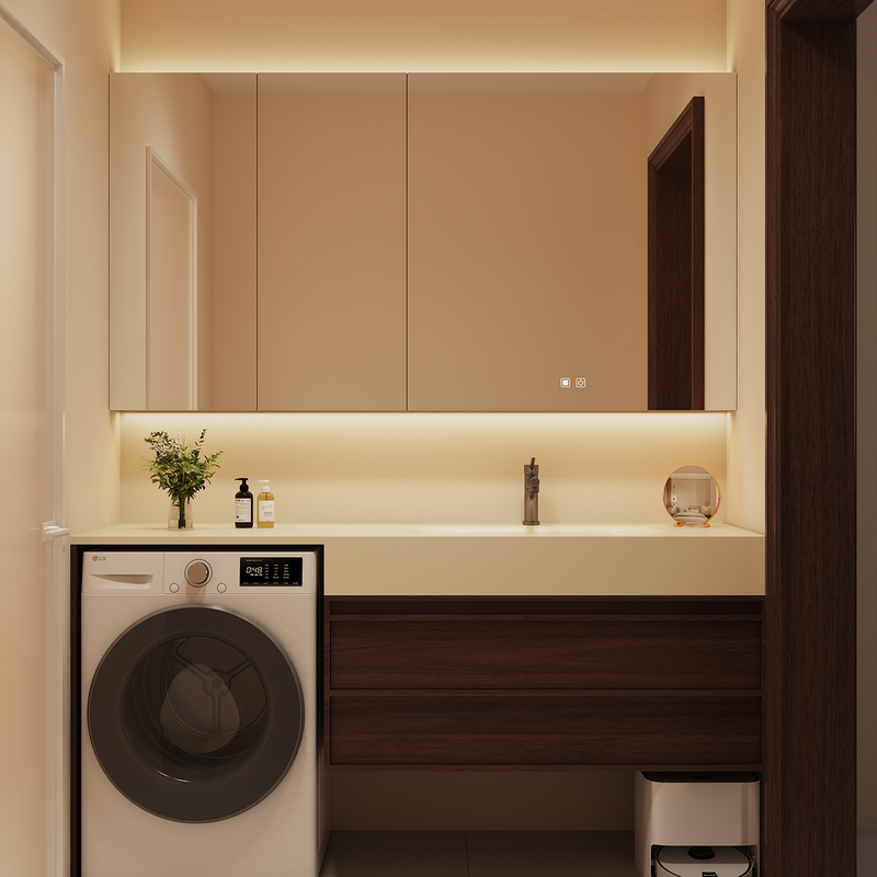 Medieval-Style Walnut-Colored Washing Machine Integrated Bathroom Cabinet Set with Rock Slab Hot-Bent Integrated Basin and Washstand