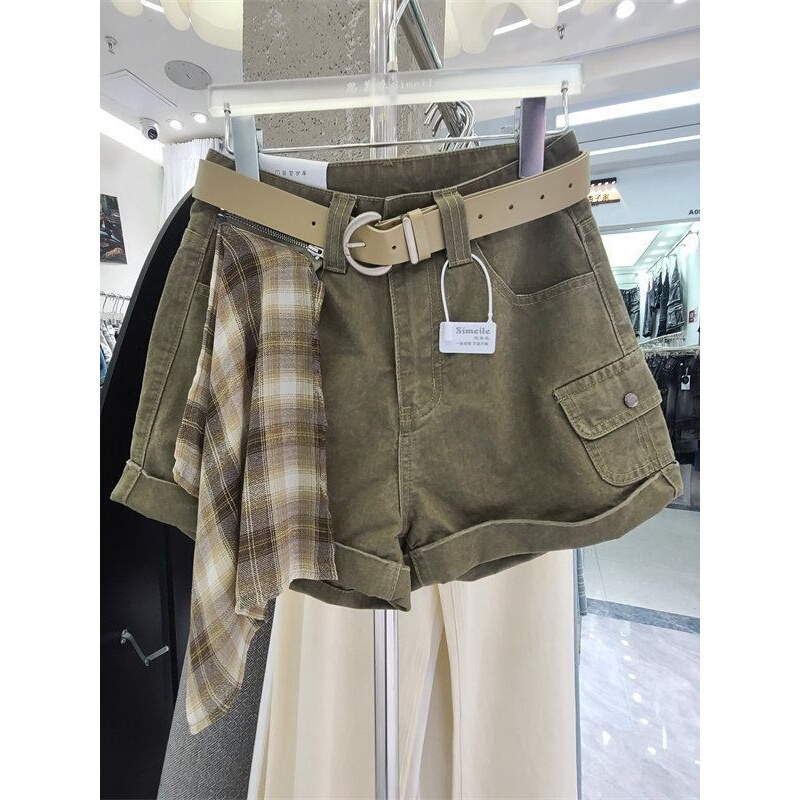 Outlet~ Clearance High-Waisted Denim Shorts with Belt for Women, Unique Patchwork Workwear Shorts, Slimming Shorts