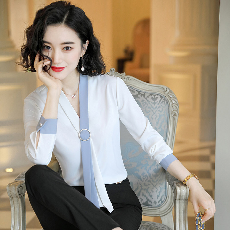 Professional Shirt Woman Long Sleeve Snowspinning Fashion Temperament 2019 Autumn Winter New White Collar Tooling Beautician work clothes