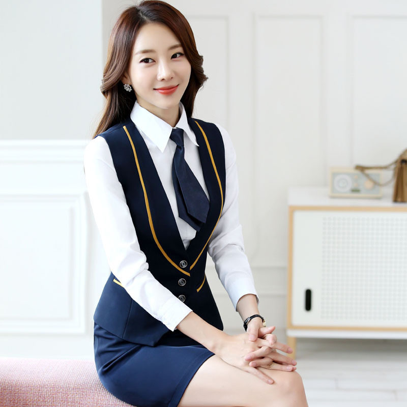 2019 autumn and winter new fashion temperament professional suit three-piece suit short self-cultivation hotel front desk work clothes