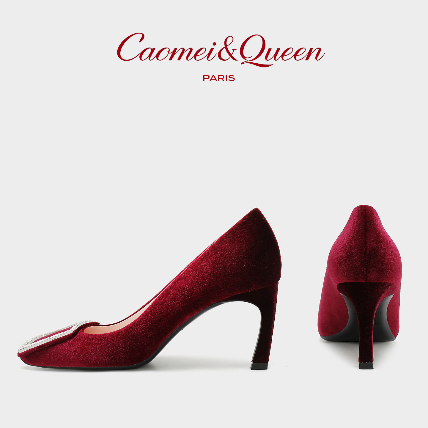 Strawberry Queen Swan Velvet Leather Wedding Shoes with Rhinestone Buckle, Wine Red Square Toe Stiletto Heels for Women